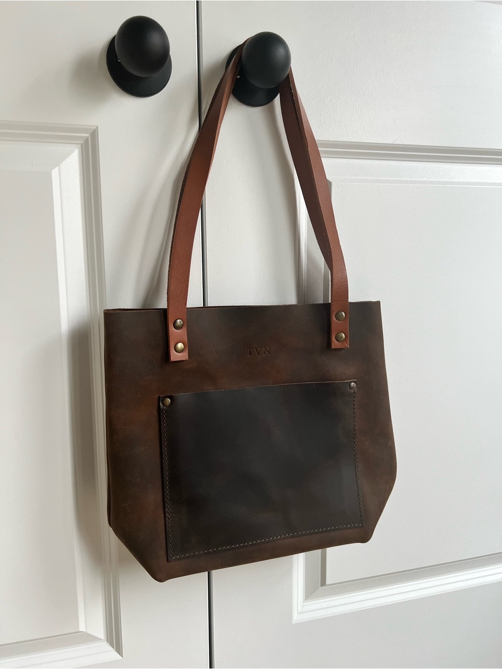 Classic Brown Leather Shoulder Tote - Embossed Initials